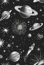 Detailed black and white drawing of planets and stars. Perfect for educational materials or science-related projects Royalty Free Stock Photo
