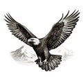 Detailed Black And White Eagle Drawing With Mountainous Vistas Royalty Free Stock Photo