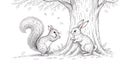 Squirrel and Rabbit Chatting Playfully Under a Big Tree with Falling Leaves Royalty Free Stock Photo