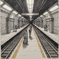 A detailed black and white illustration of a subway station Royalty Free Stock Photo