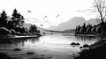 Detailed Black And White Lake Scene With Birds And Mountains Royalty Free Stock Photo
