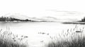 Detailed Black And White Lake Scene Illustration Royalty Free Stock Photo