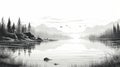 Detailed Black And White Lake Scene Illustration: Nature-inspired Digital Painting