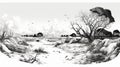 Detailed Black And White Landscape Illustration With Icy Stream