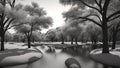 A Detailed Black And White Photo Of A River Surrounded By Trees AI Generative