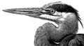 Detailed Black and White Scratchboard Illustration of Heron Head with Intricate Feather Texture and Sharp Beak on Solid Royalty Free Stock Photo