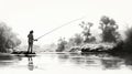 Detailed Black And White Silhouette: Man Fly Fishing In Panoramic Scale