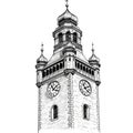 A detailed black and white sketch of a clock tower with ornate architecture. Features Royalty Free Stock Photo