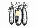 Detailed Black and White Sketch of Three Hanging Sausages with Tags on Plain Backdrop Royalty Free Stock Photo
