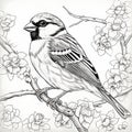 Detailed Black And White Sparrow Line Drawing For Coloring