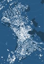 Detailed blue map poster of Granada city, linear print map. Skyline urban panorama