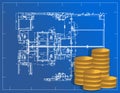 Detailed blueprint and coins illustration