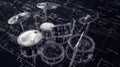 Detailed blueprint design of a high angle close up view of a drumset with hand drawn style Royalty Free Stock Photo