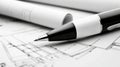 Detailed blueprint drawing with pen, technical design and engineering concept pen Royalty Free Stock Photo