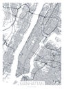 Detailed borough map of Manhattan New York city, vector poster or postcard for city road and park plan Royalty Free Stock Photo