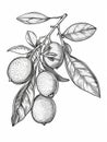 Detailed botanical drawing of a branch of a citrus tree with leaves and fruits. Royalty Free Stock Photo