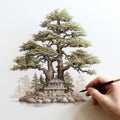 Detailed Botanical Illustration Of A House Under A Small Tree