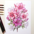 Hyper-realistic Pink Flower And Pencil Coloring Sketch