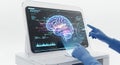 Brain Scan Data Visualization on Screen with Hand Interactions in Light Blue and White Background for Medical Research and Royalty Free Stock Photo