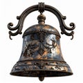 Detailed Bronze Bell with Rust Texture Ornate Design and Iron Hanger on a White Background Royalty Free Stock Photo