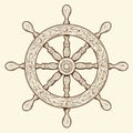 Detailed brown outlines nautical rudder isolated on beige background. Ship element.