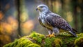 Detailed Buzzard with sharp talons resting on a mossy tree limb in a forest bird of prey Royalty Free Stock Photo