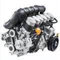 A detailed car engine close-up, showcasing the mechanics and engineering, isolated on white background Royalty Free Stock Photo