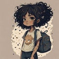 Detailed Cartoon Illustration of an Adorable Tan Girl with Curly-Silky Hair and a Backpack