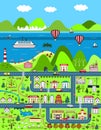 Detailed cartoon map with city, mountains, and sea Royalty Free Stock Photo