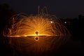 Burning steel wool night long exposure. Detailed Casting fire flare steel wool