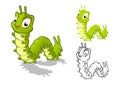 Detailed Caterpillar Cartoon Character with Flat Design and Line Art Black and White Version