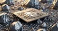 Detailed central processing unit rests on dark, reflective mineral deposits suggesting raw material extraction. Royalty Free Stock Photo
