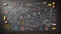 Detailed chalkboard background with intricate hand-drawn math equations, geometric shapes, and scribbles Royalty Free Stock Photo