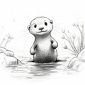 Detailed Character Design: Sketch Of A Cute Otter Floating In Water