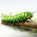 Detailed Character Illustration: Green Caterpillar Crawling On Tree Branch