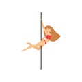 Detailed character woman pole dancer hanging on one hand back to pylon