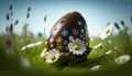 Detailed chocolate Easter egg on green grass meadow and colorful flowers, perfect for invitations, greeting cards, brochures and Royalty Free Stock Photo