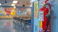 Detailed classroom scene featuring a fire extinguisher with safety labels and clear instructions Royalty Free Stock Photo