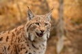 Detailed close-up of adult eursian lynx in autmn forest with blurred background.