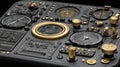 Detailed Close Up of Advanced Black and Gold Aircraft Navigation and Control Panel with Instruments and Dials Royalty Free Stock Photo