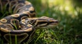 Close-up of a Ball Python Snake with Intricate Pattern in Green Grass reptile animal Royalty Free Stock Photo