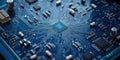 Close up of a blue printed circuit board with a central processor chip technology Royalty Free Stock Photo