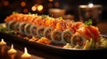 Detailed close up of spicy tuna sushi rolls at sunset with beautiful bokeh