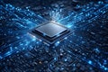 Close-up view of a central processing unit chip with glowing blue circuit board pathways and illuminated nodes Royalty Free Stock Photo