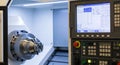 Close-up of a CNC lathe machine with control panel in a modern industrial workshop setting Royalty Free Stock Photo