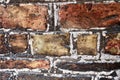 Detailed close up of colorful aged and weathered brickwall in high resolution