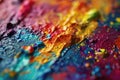 A detailed close-up of a colorful paint palette showcasing a vibrant array of splatters and swatches in various hues and