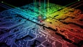 Close-up of a Computer Microchip with Rainbow Light Rays and Circuitry technology processor Royalty Free Stock Photo
