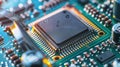 Detailed close up of computer microchips under magnifying glass with room for text placement