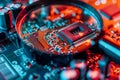 Detailed close up of computer microchips under magnifying glass with space for text placement